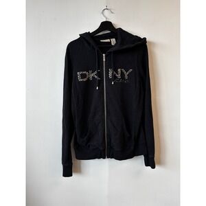 Vintage DKNY Jeans Hoodie Womens Large Black Full Zip‎ Crystal Logo Jacket Y2K